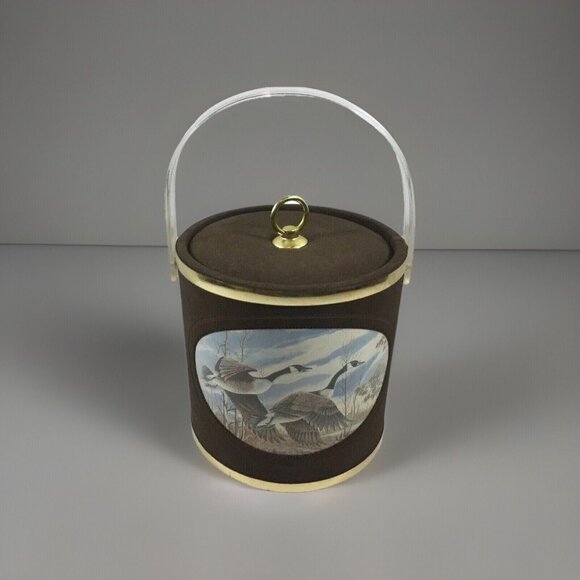 Vintage Norman R Wamer Ice Bucket Geese Birds In Flight Bar Suede Plastic MCM - Picture 1 of 12